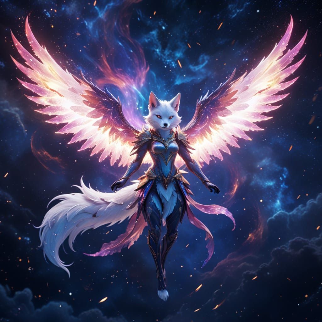 Celestial Kitsune Soaring Through Nebula in Anime Style