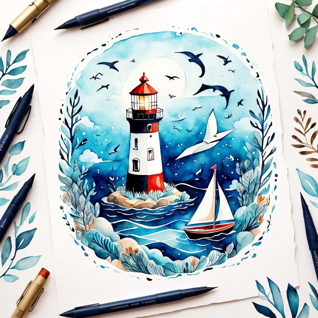 Whimsical Watercolor Scene of Lighthouse, Anchor, and Sailbo...
