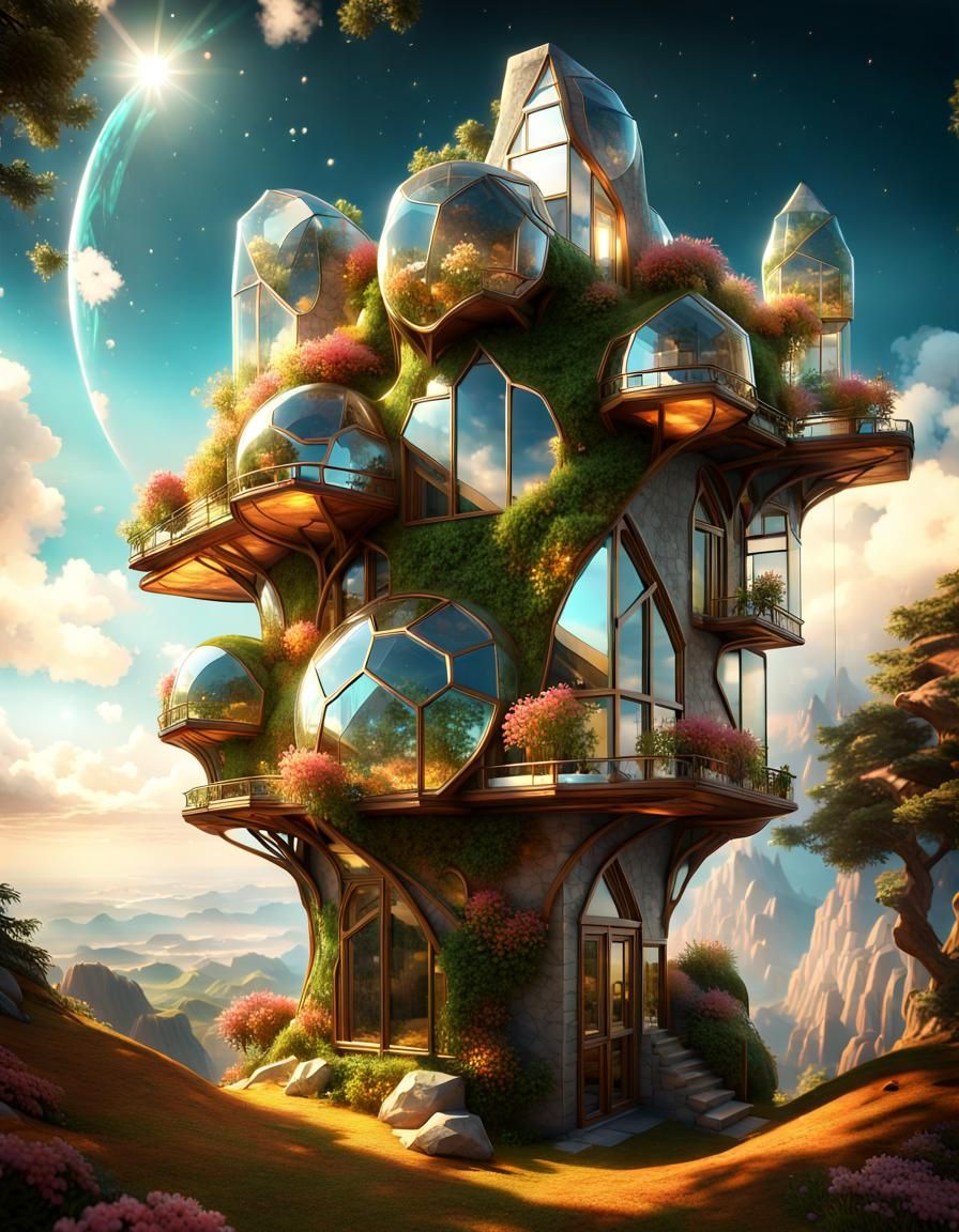 Asymmetrical Glass Mansion on Mountaintop in Sci-Fi Style