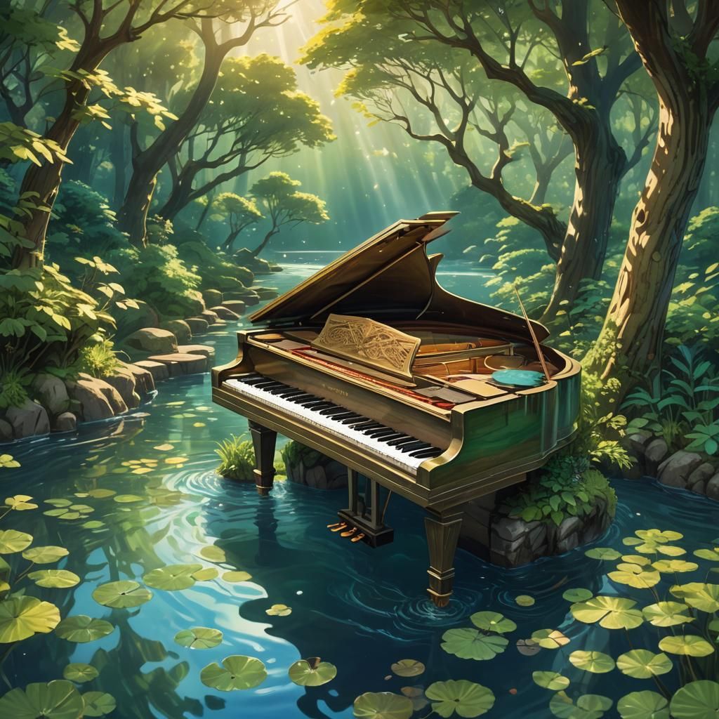 Piano Drifting Downriver in Ghibli Style