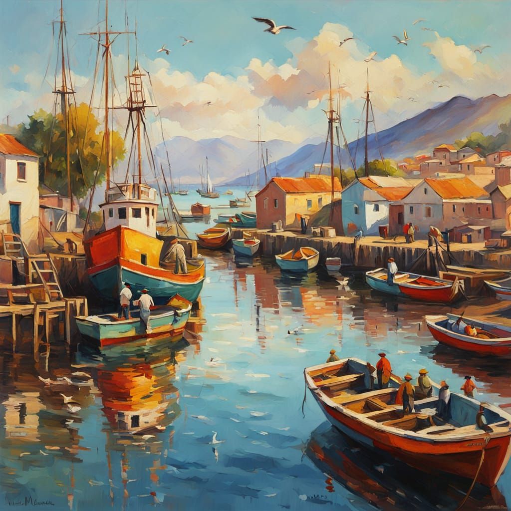 Chilean Fishing Port Scene as Impressionist Painting