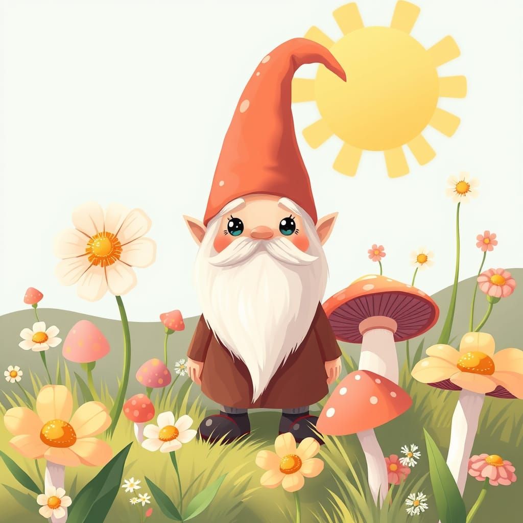 Gnome in Sunny Meadow: Kawaii Art Style