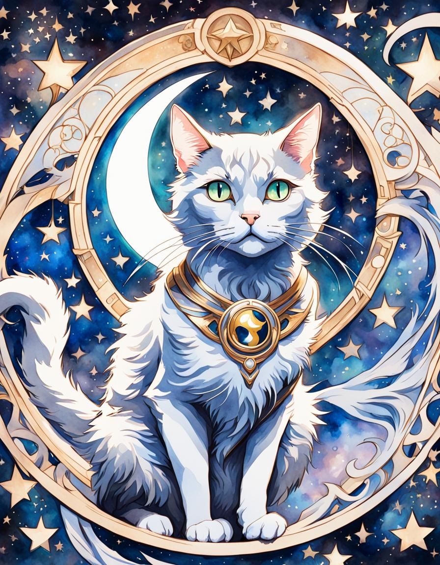Luna the Cat Art Nouveau Watercolor