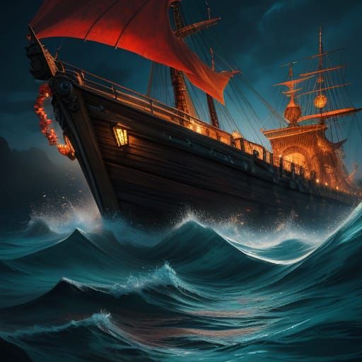 Giant Squid Attacks Ship: Vibrant Digital Painting