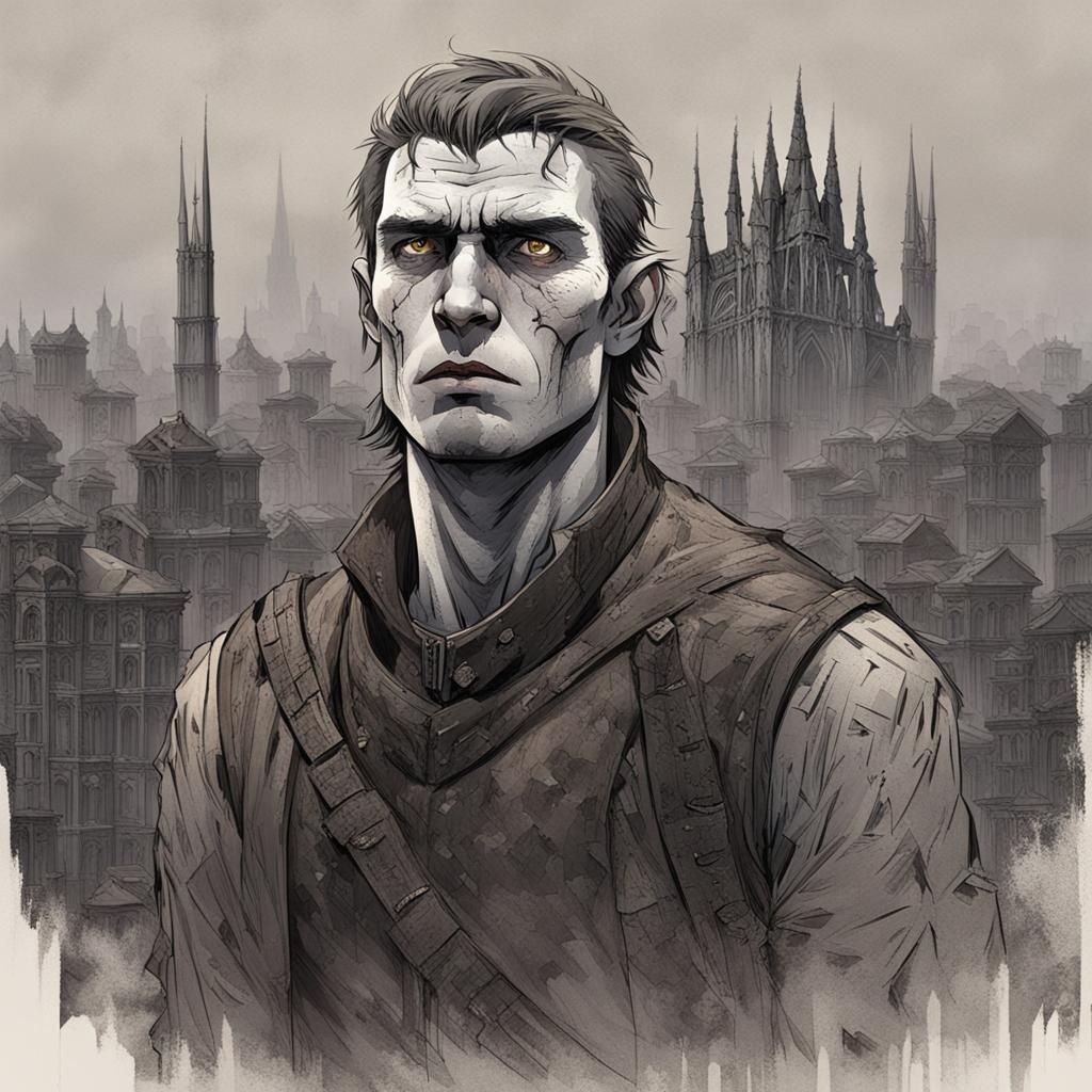 Weary Fighter in Gothic Cityscape Ruins