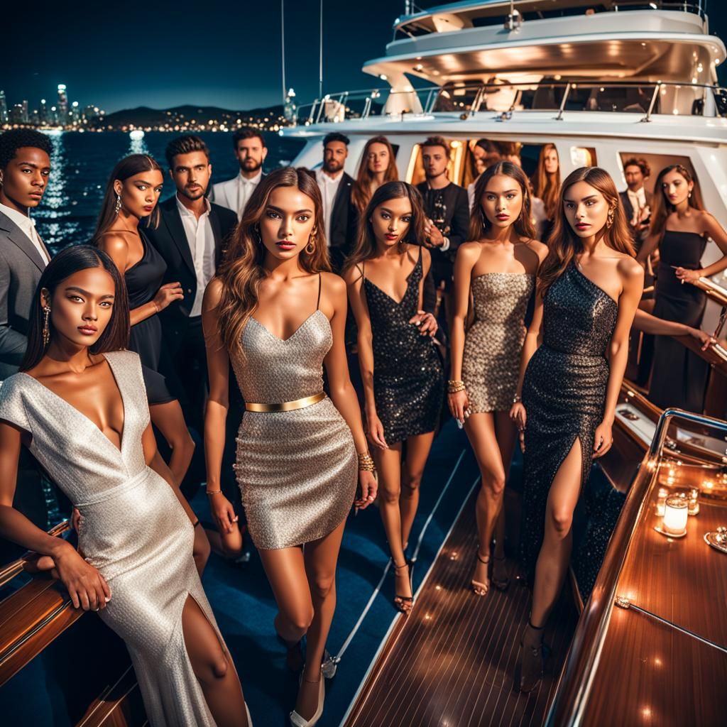 Luxurious boat party with models posing