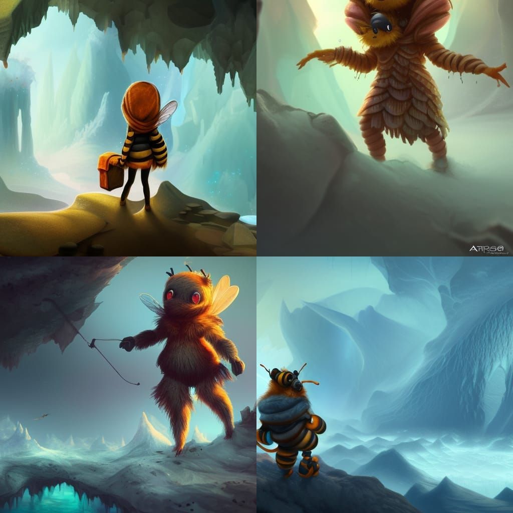 Cute Bee Person in Ice Cave: Detailed Matte Painting