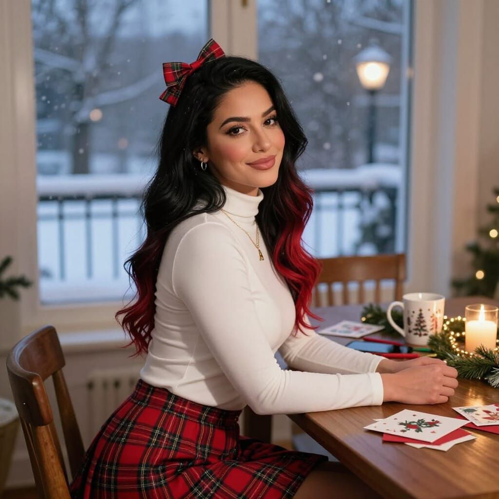 Cozy Christmas Portrait of Woman at Dining Table