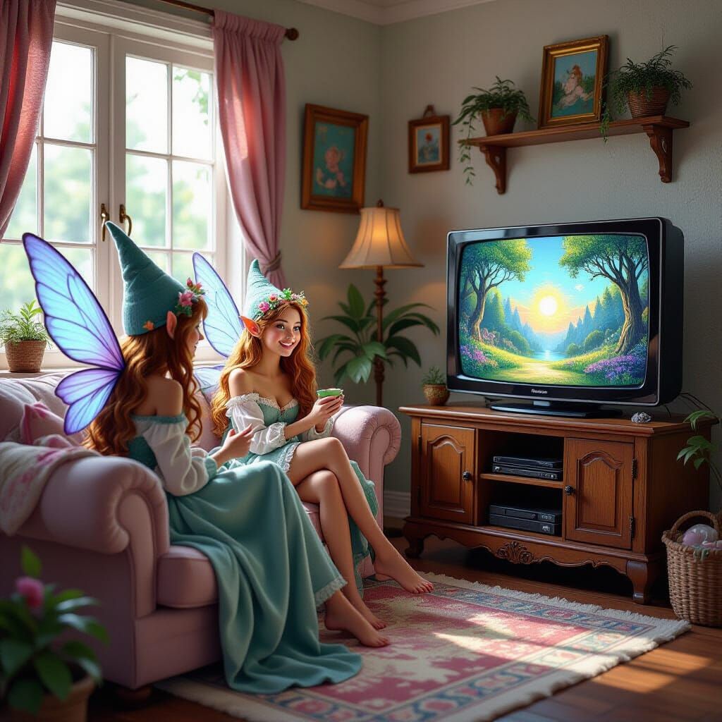 Fairies Watching TV in Whimsical Living Room