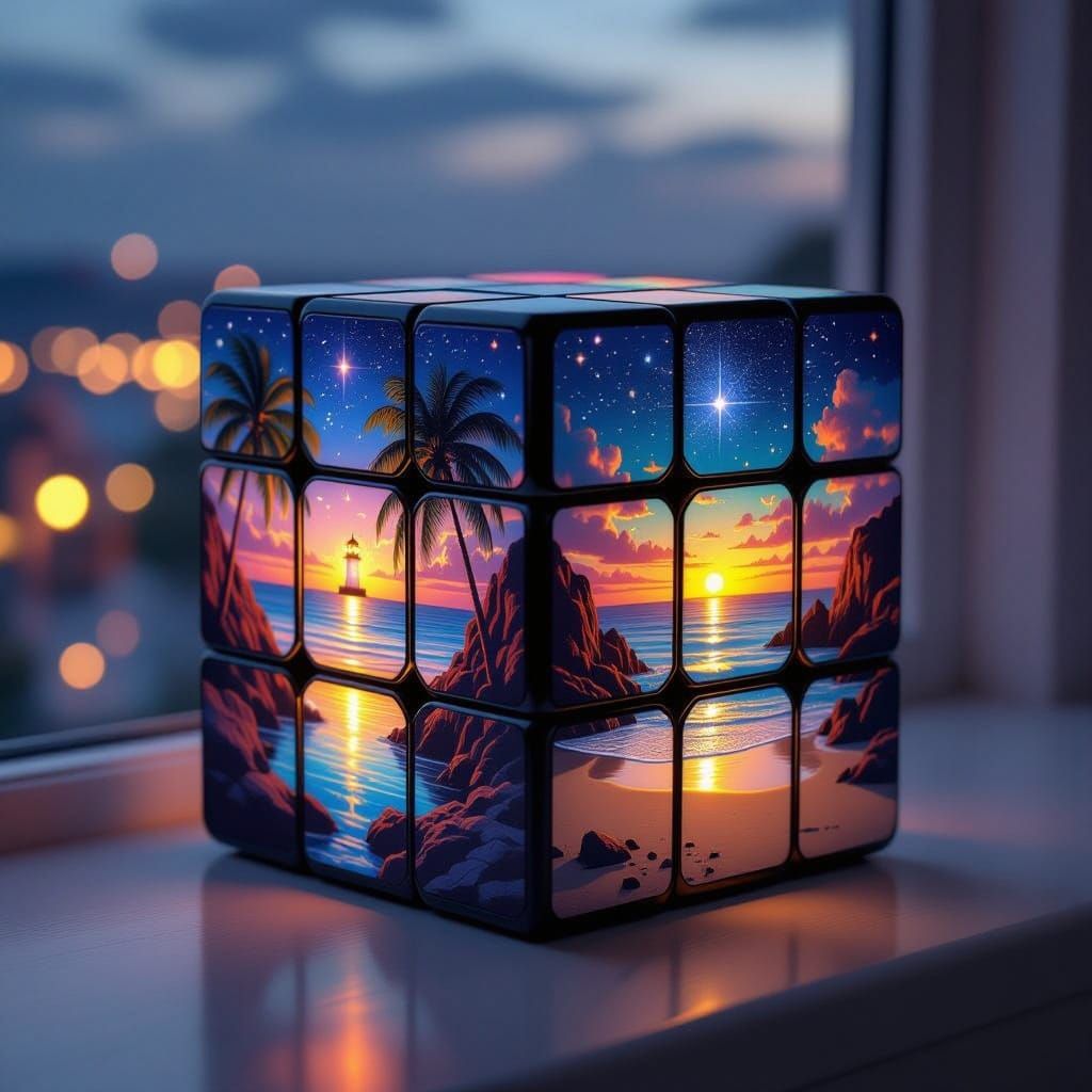 Hyper-Realistic Tropical Beach Rubik's Cube in Digital Art S...