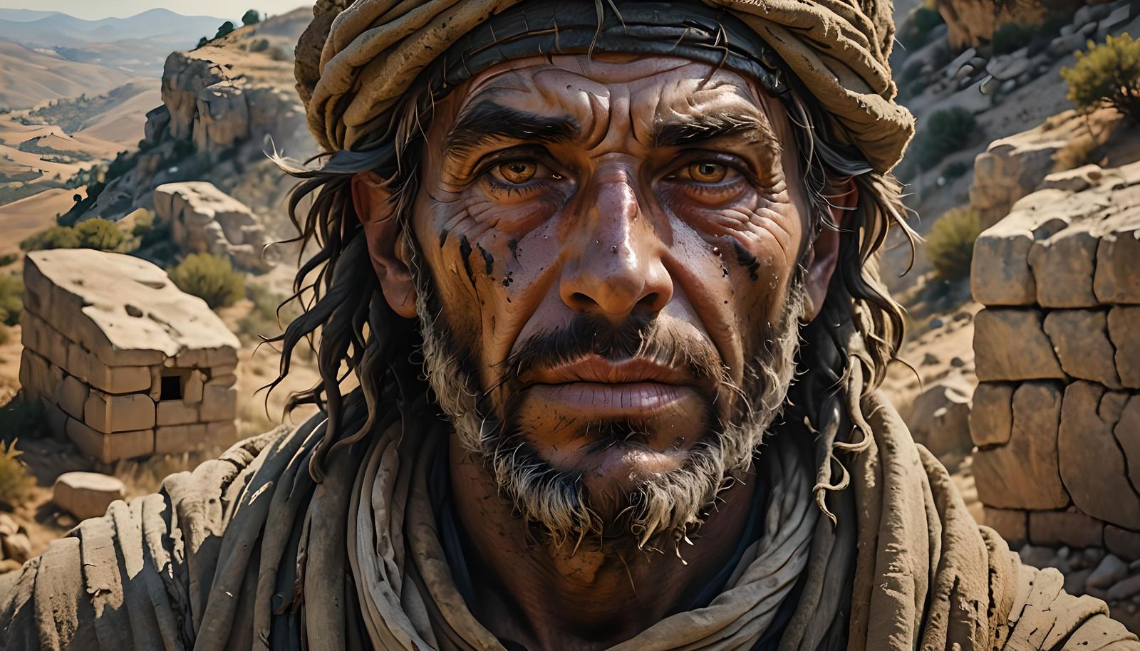 Close up portrait of a scruffy man clothed in rags living in...