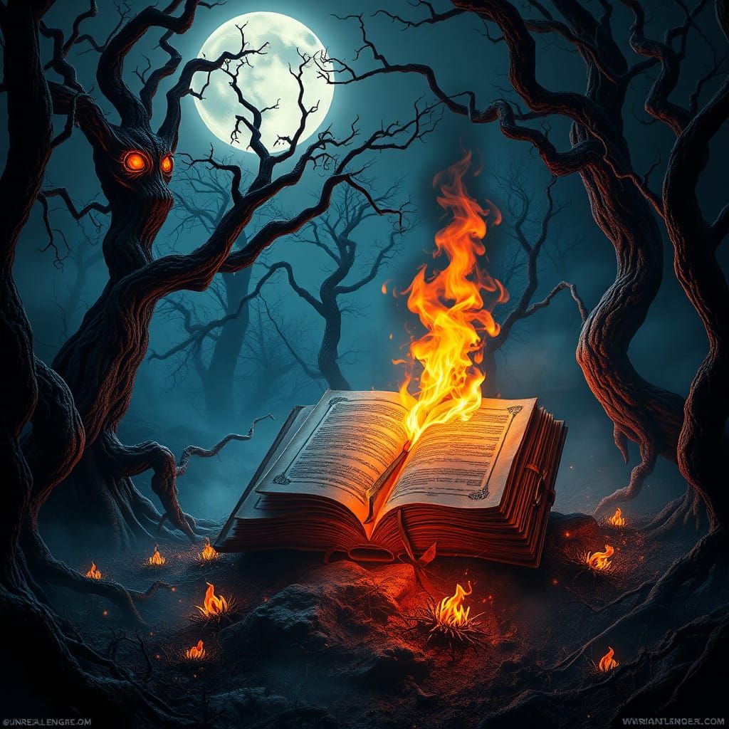 Ancient Tome Burns in Moonlit Mystic Forest