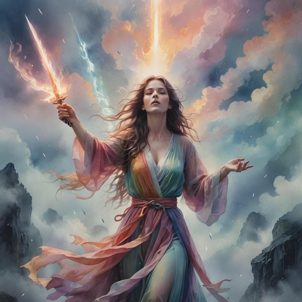 Woman Reaching for Glowing Dagger in Ethereal Watercolor