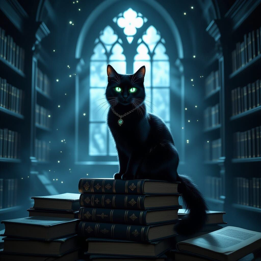 Witch's Black Cat with Emerald Eyes on Spellbooks