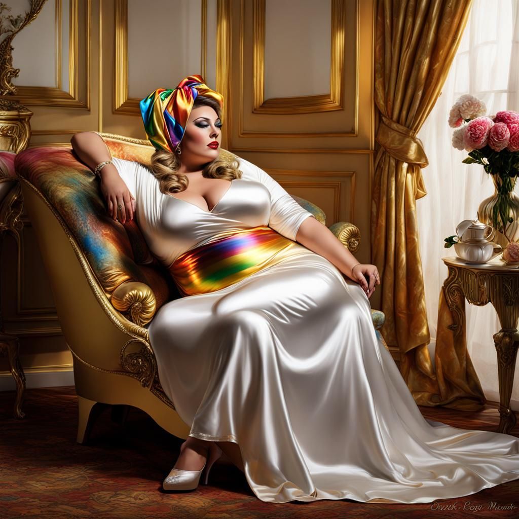 Realistic Artistic Sissy Satin Flamboyant Statuesque Glamorous Big Beautiful Women BBW Women relaxing supine on a Chaise...