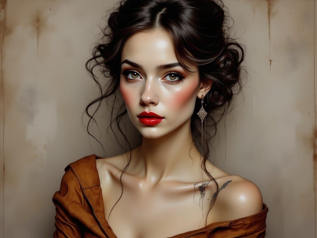 Elegant Woman in Earthy Tone Top, Delicate Earring, and Intr...