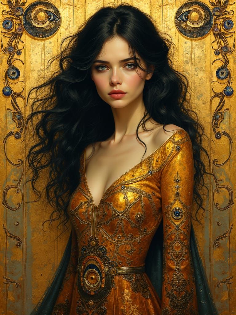 Elegant Mysterious Woman in Opulent Golden Art Deco Style