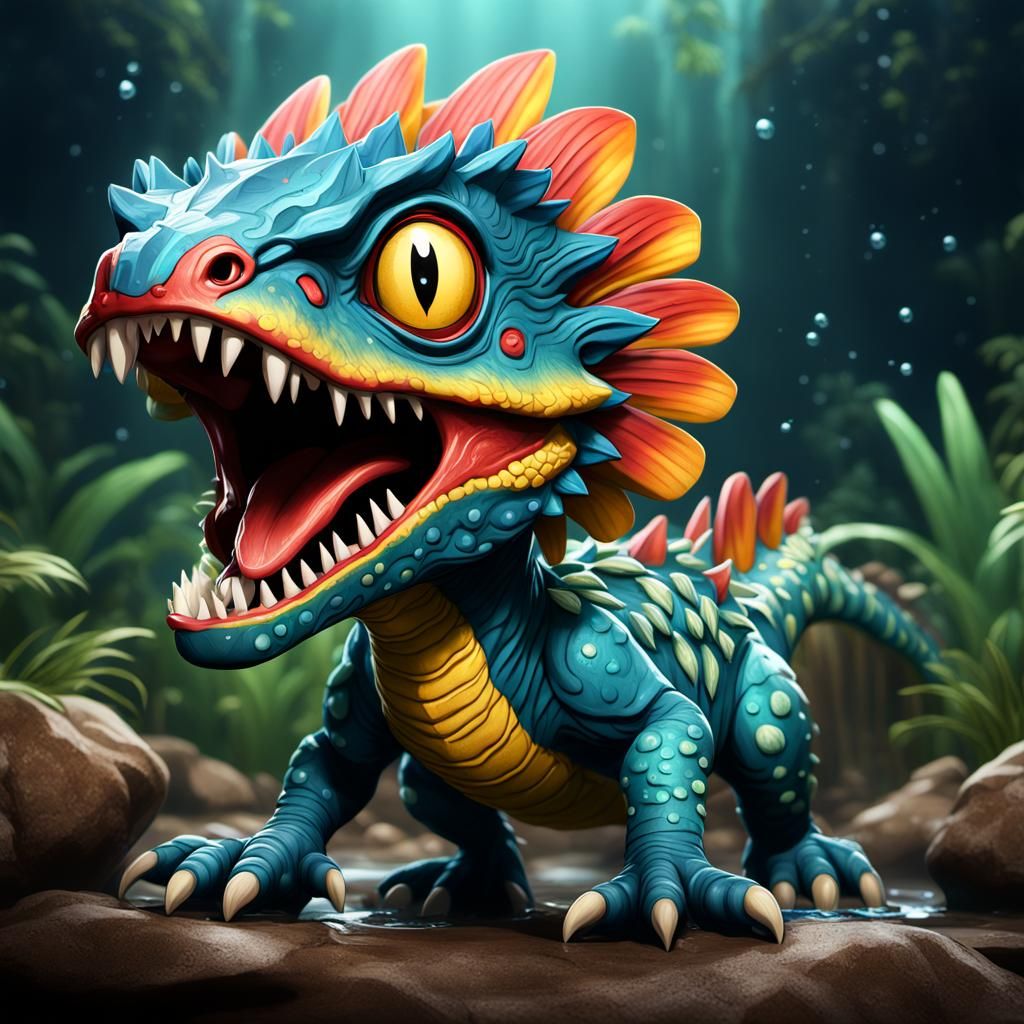 Chibi Water Dilophosaurus in Detailed Matte Painting