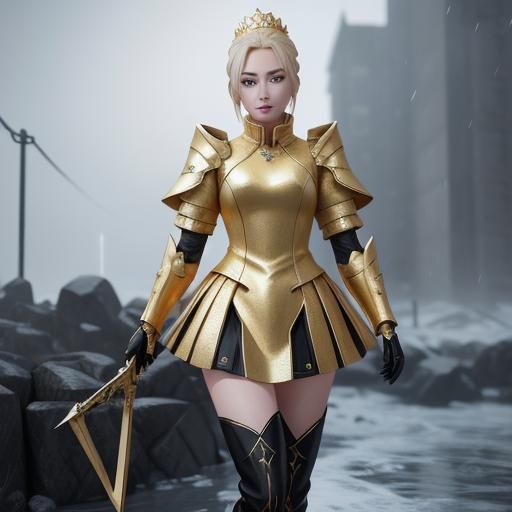 Anime Queen Wielding Ice Storm in Gold Dress