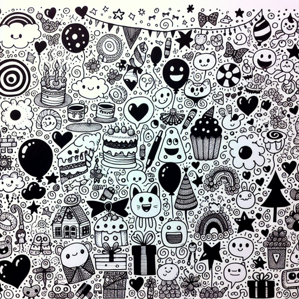 Whimsical Childlike Drawing in Black and White