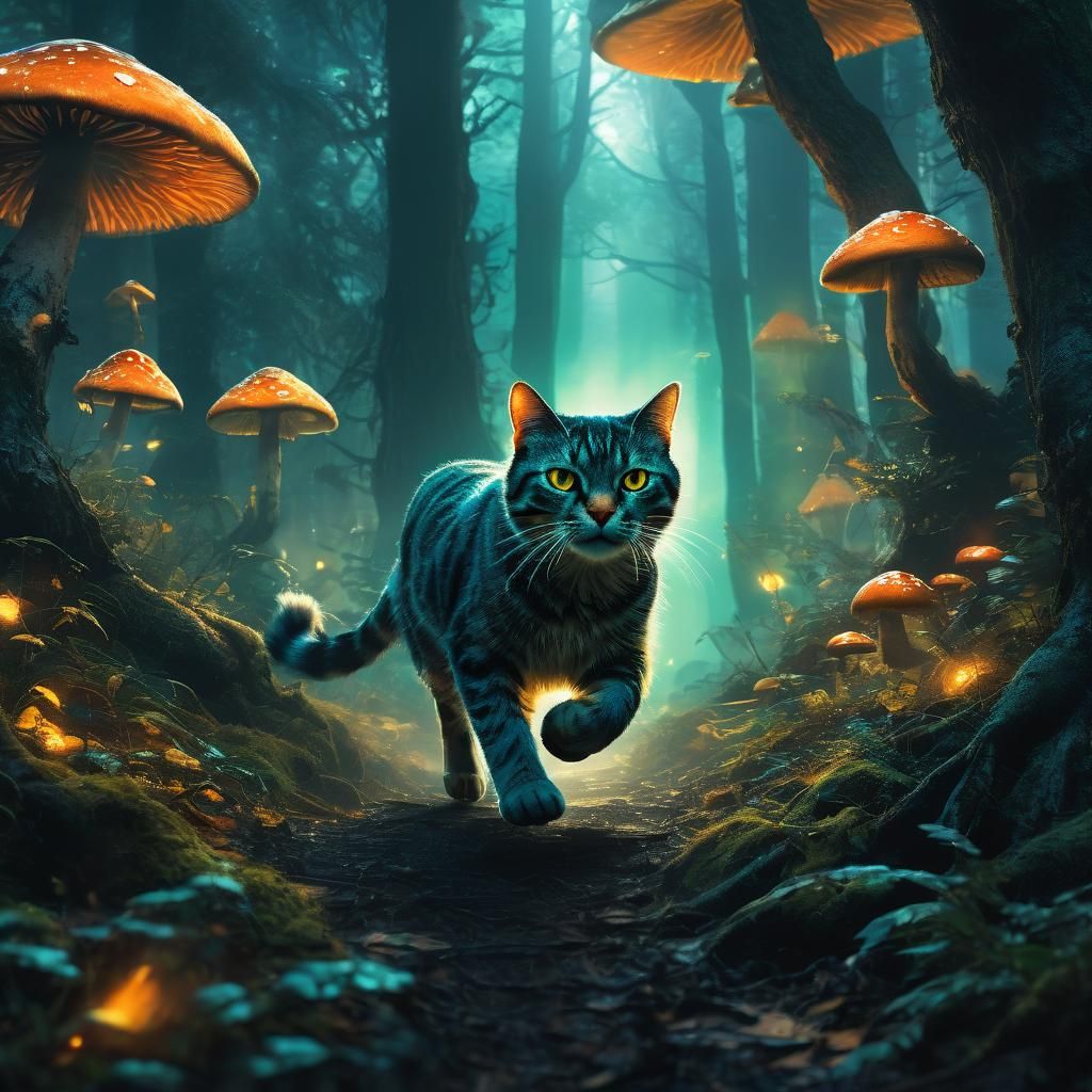Cat Runs Through Mystical Forest in Fantasy Art