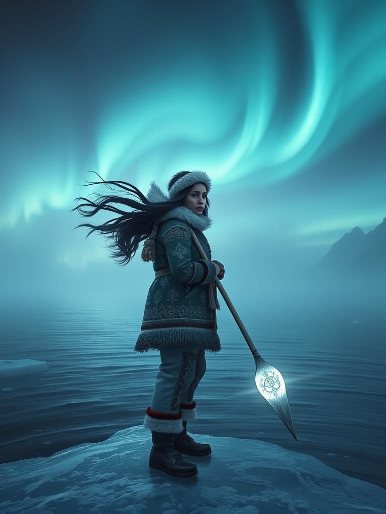 Inuit Woman with Harpoon Under Aurora Borealis