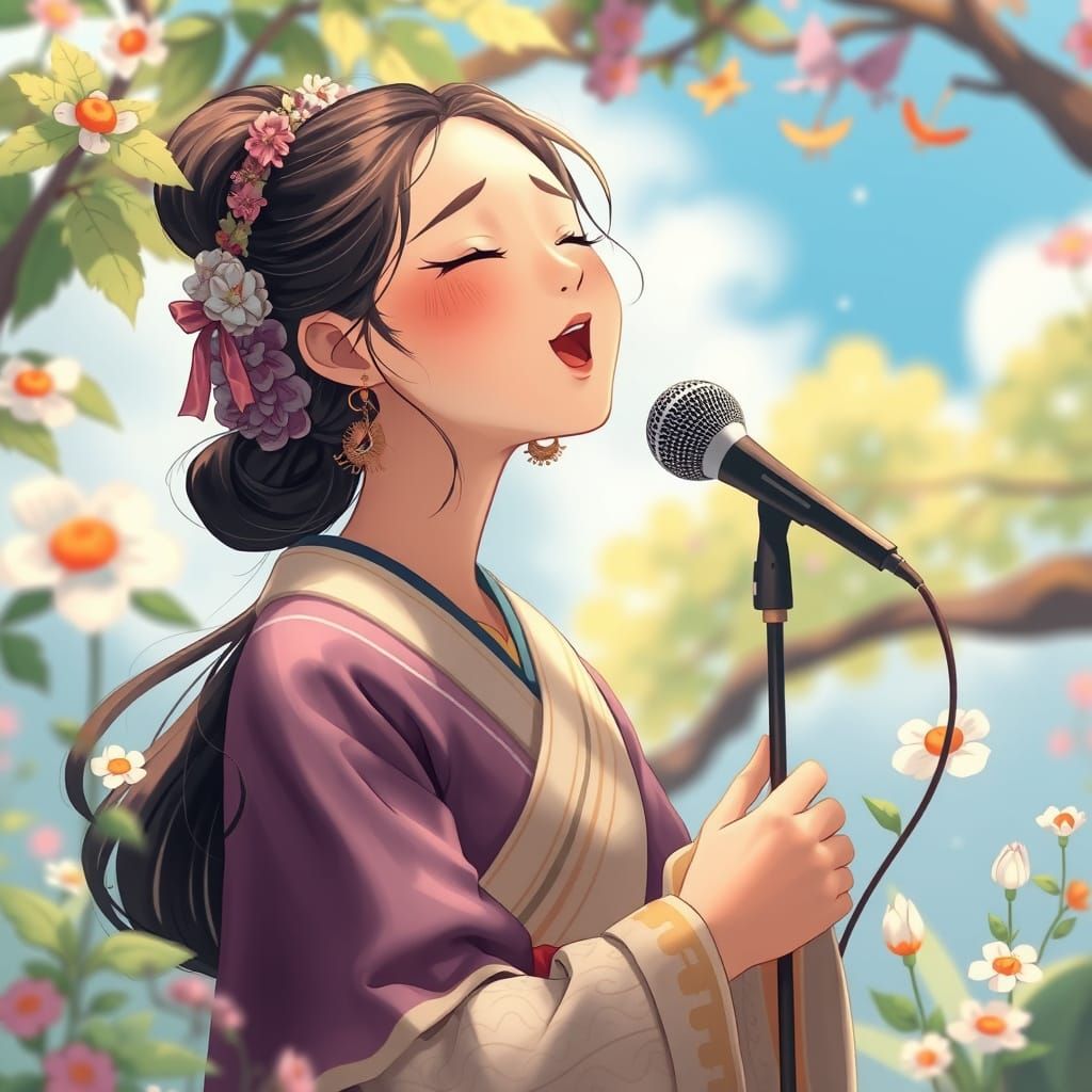Serene Singer in Nature: Miyazaki-Inspired Dreamscape