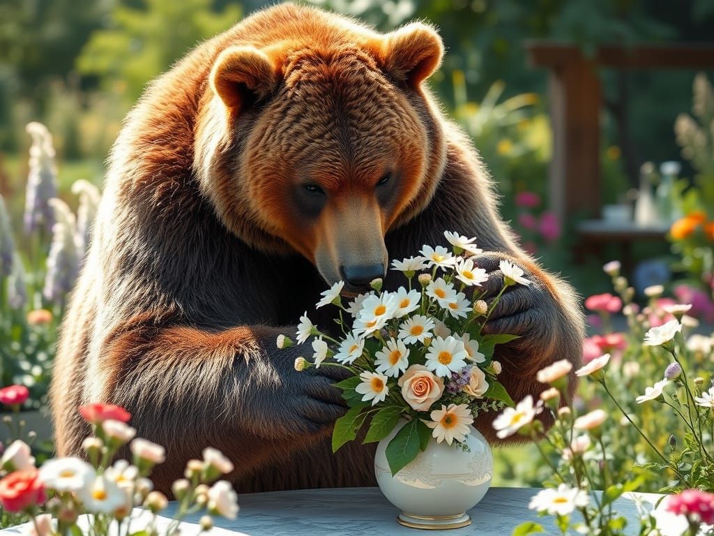 Grizzly Bear Arranging Flowers: Romantic Fantasy Art