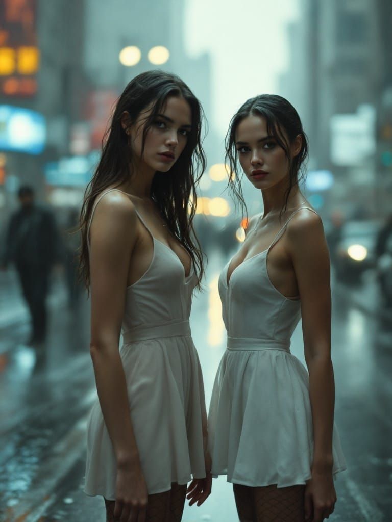 Dramatic Women in Rain, Cinematic Film Still