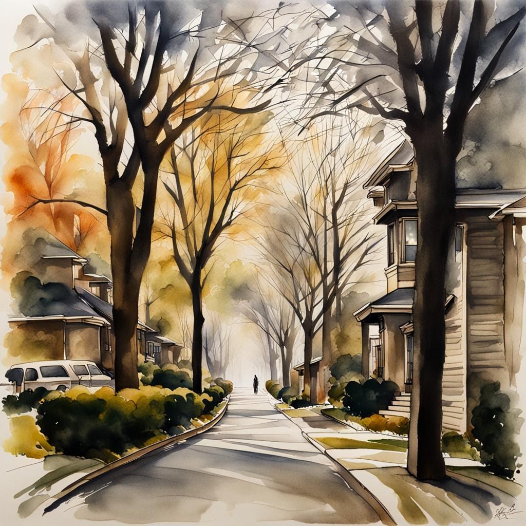 Suburban Street in Early Spring, Ink Wash Painting