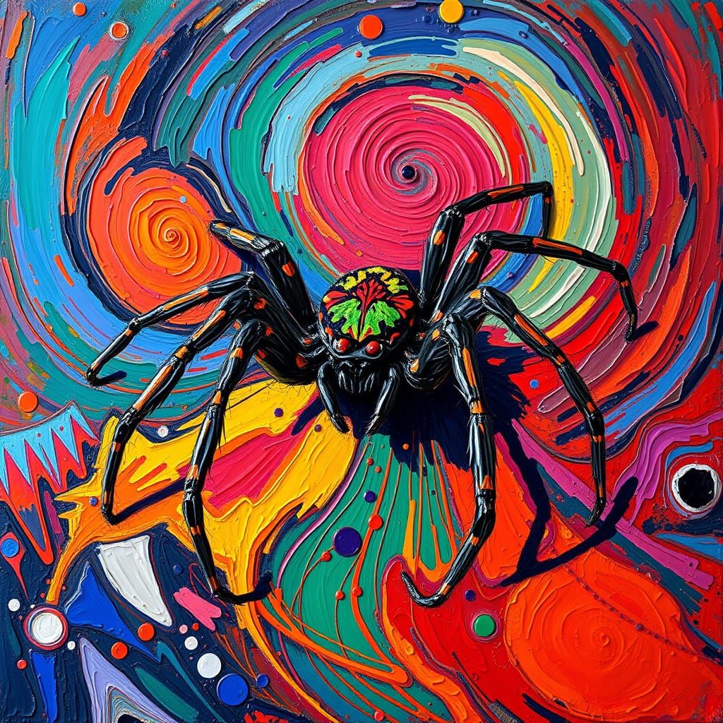 Expressive Spider in a Dreamlike Neo-Impressionist Landscape