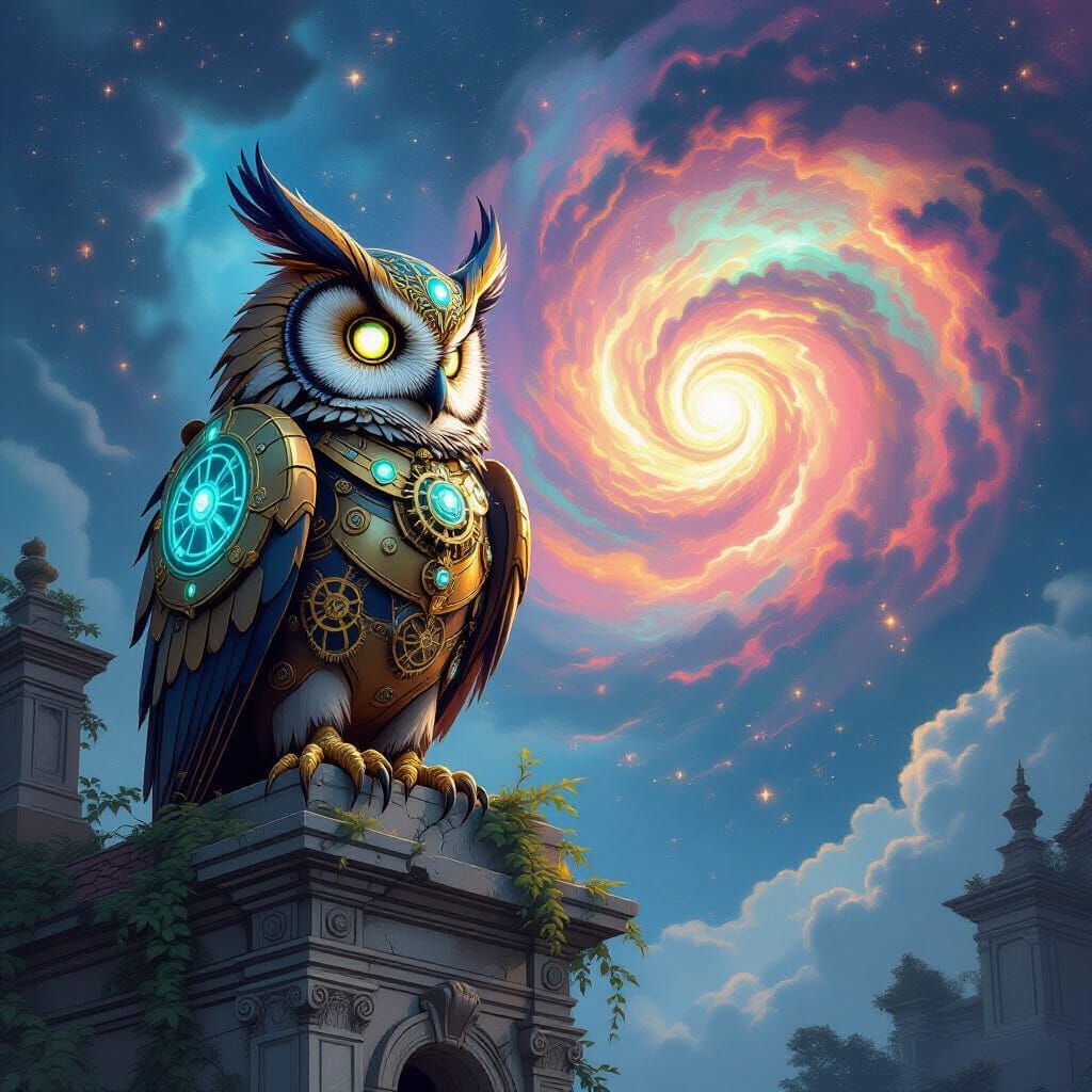 Mechanical Owl on Baroque Observatory, Cosmic Nebula View