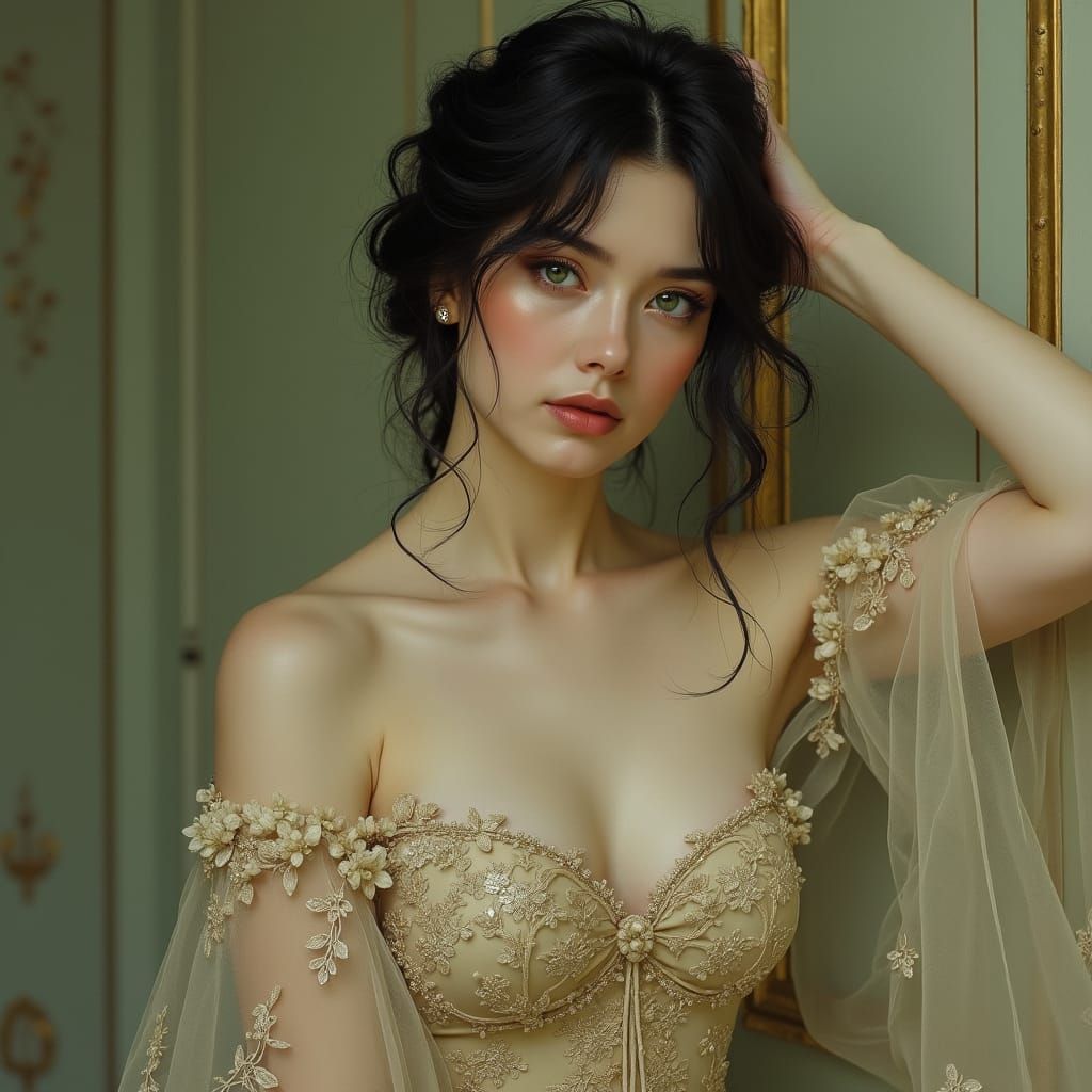 Ethereal Woman in Pre-Raphaelite Style Gown