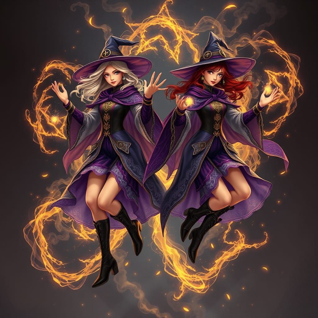Twin Witches Casting Spells in Art Nouveau Style