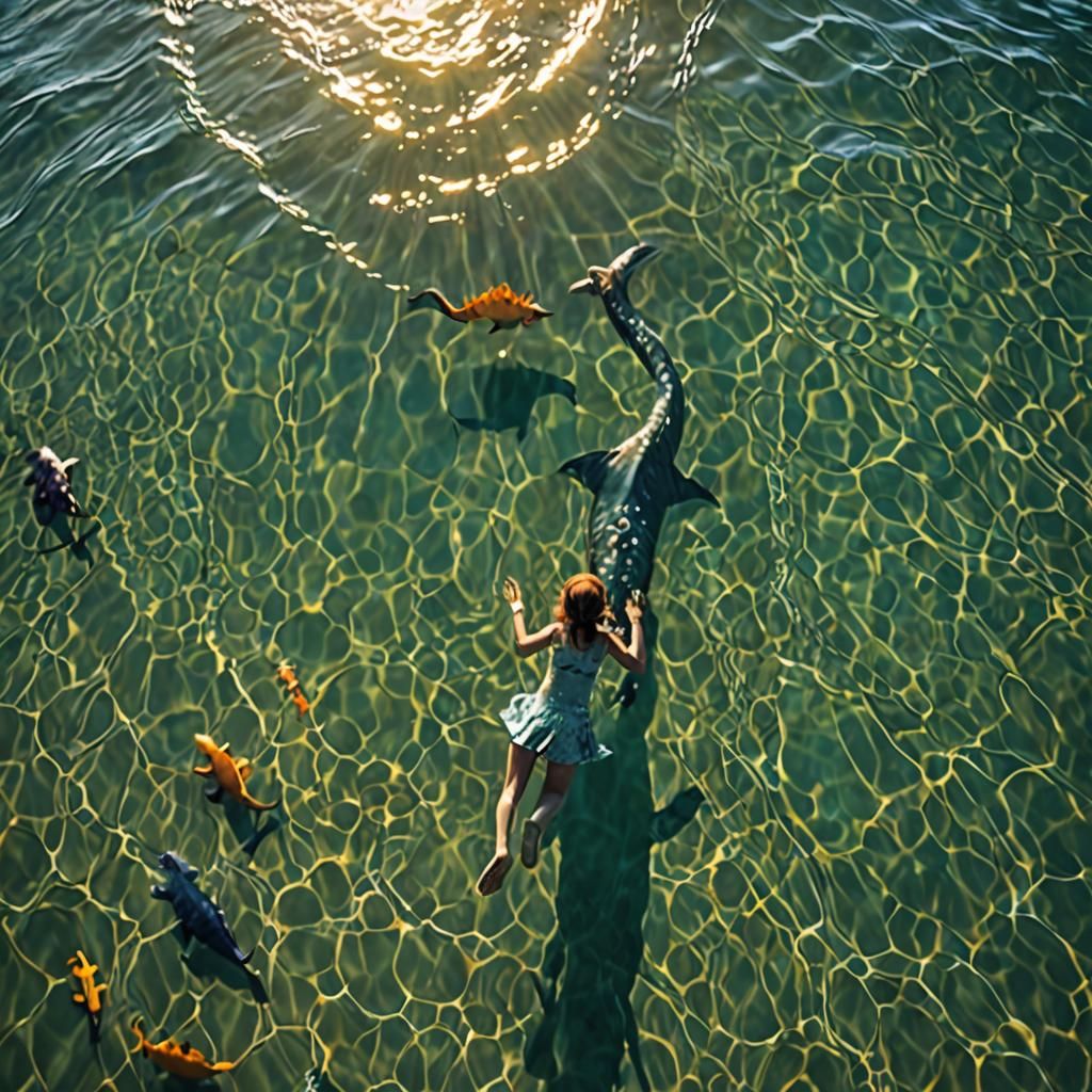 Girl Swimming with Dinosaurs: Cinematic Film Still