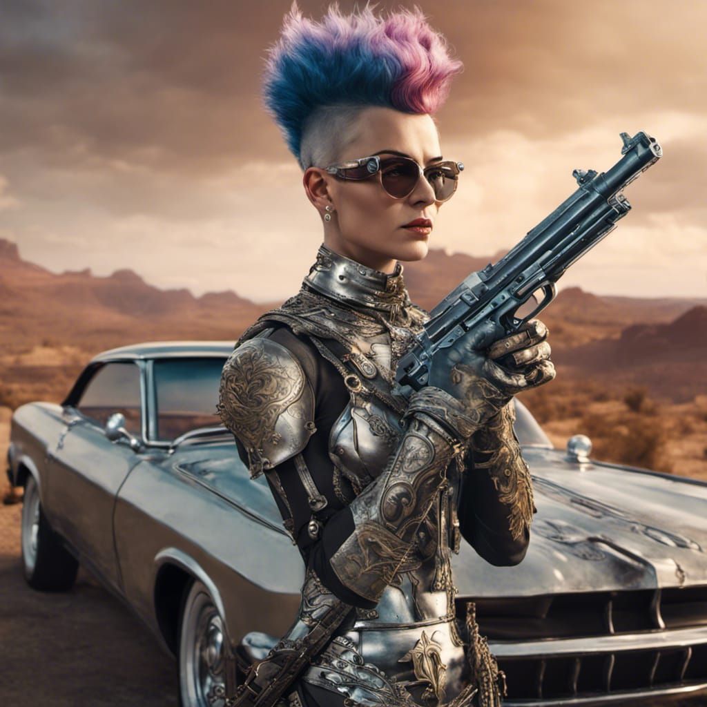 Armored Woman with Pistol in Detailed Matte Painting