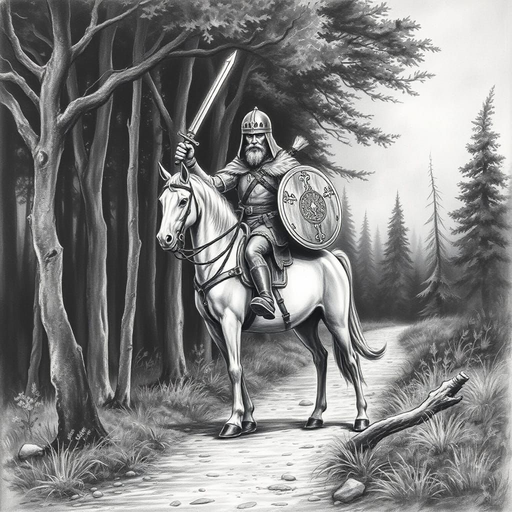 Warrior on Horseback in a Woodland Scene, Charcoal Drawing