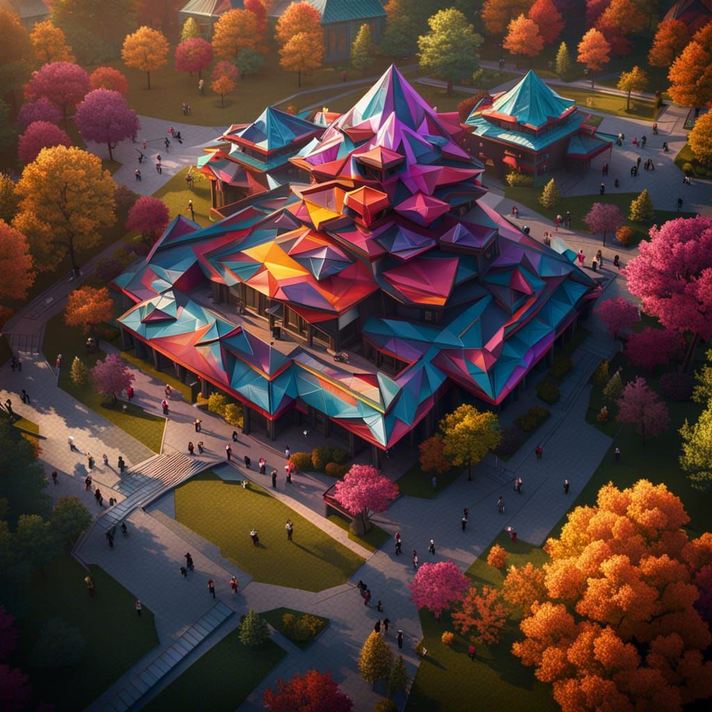 Colorful Origami College Campus: Detailed Fantasy Art