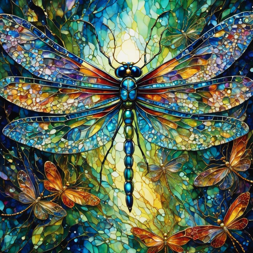 Stained Glass Dragonfly in Flight Portrait