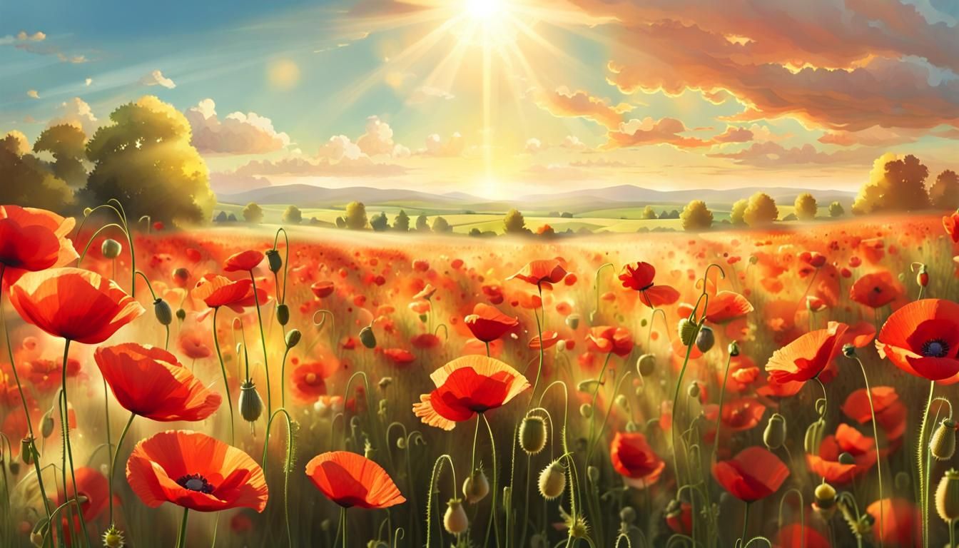Golden Sunlight on Poppy Meadow Landscape