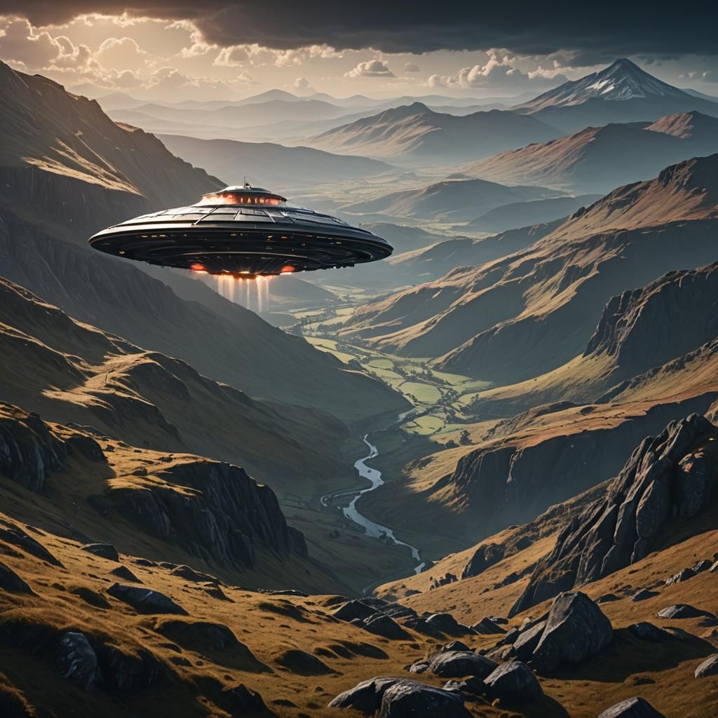 UFO Flying Saucer Over Welsh Mountains, Matte Painting