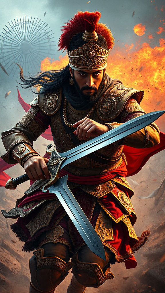 Ornate Peshwa Warrior Charges into Battle with Epic Sword