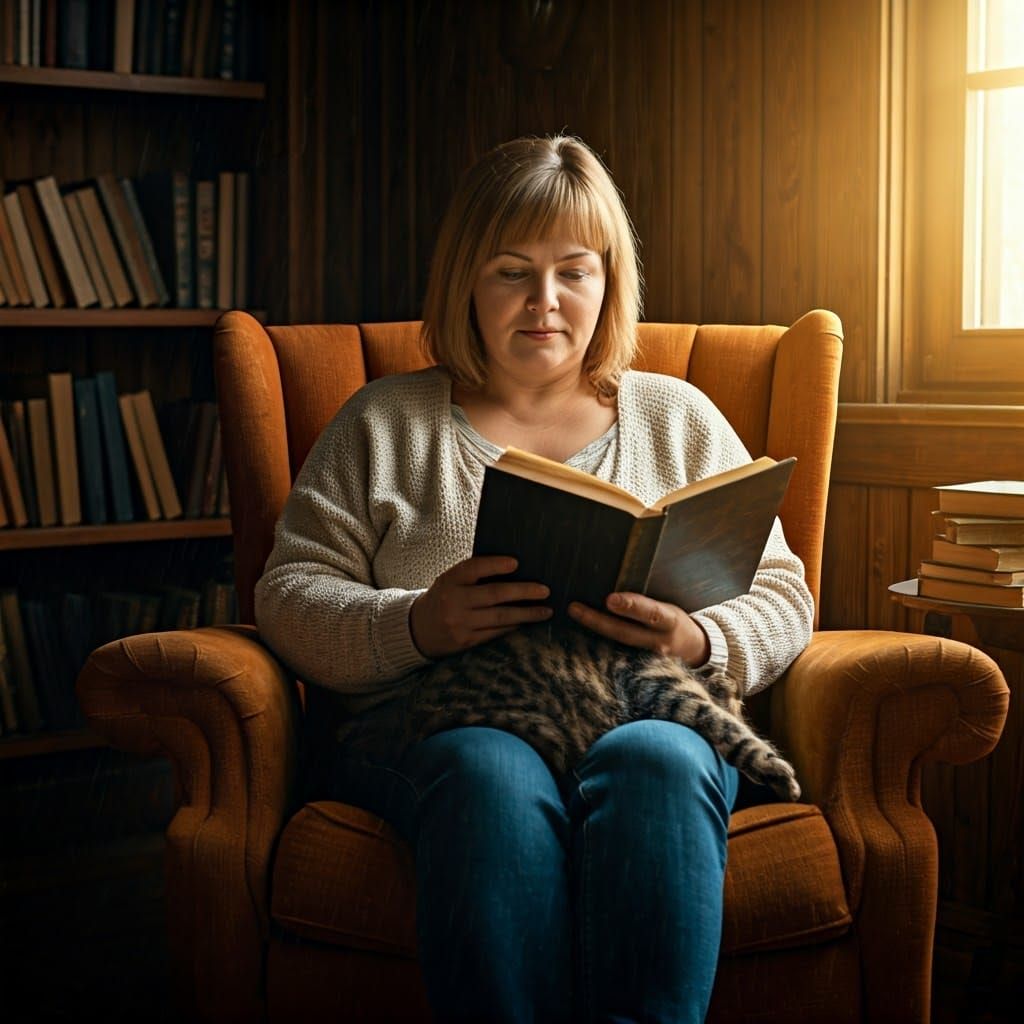 Cozy Woman Reading Book with Cat in Golden Light