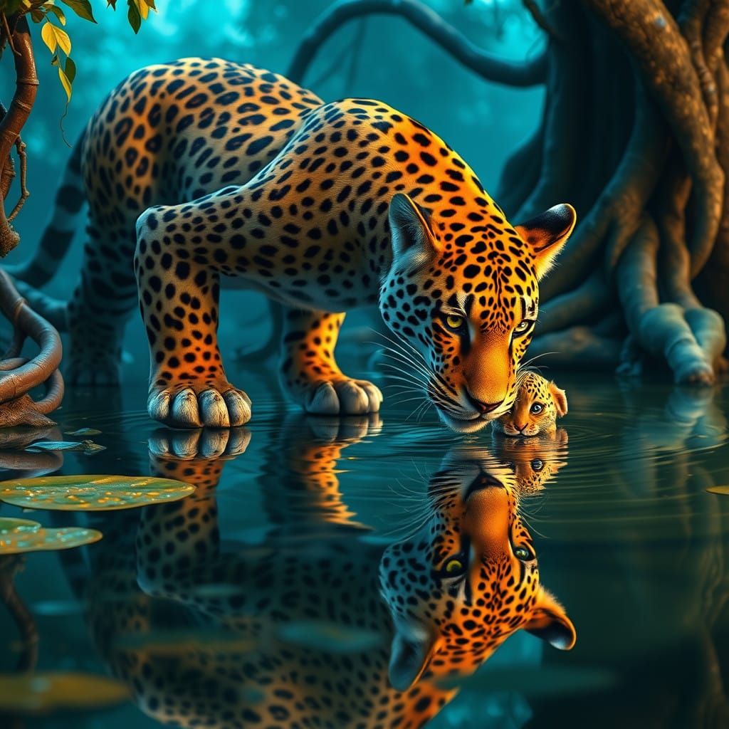 Majestic Jaguar Mother and Baby in Mystical Pond Scene