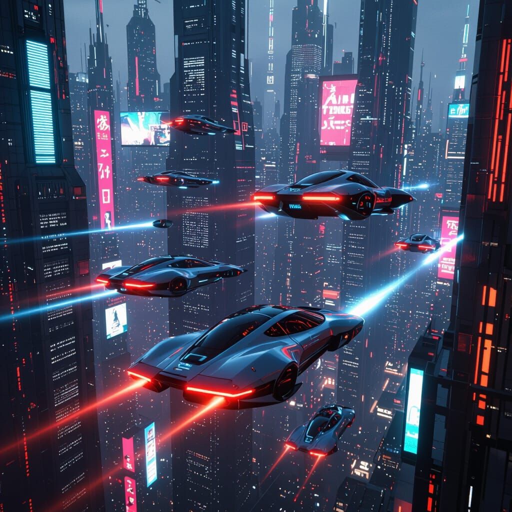 Futuristic Cityscape with Flying Cars in Hyperreal Detail