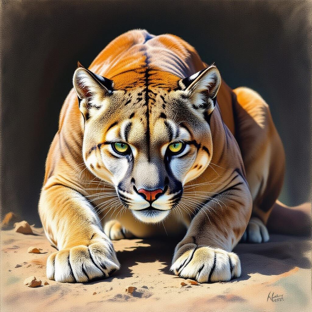 Surreal Puma Drawing in Cézanne Style Ready to Attack