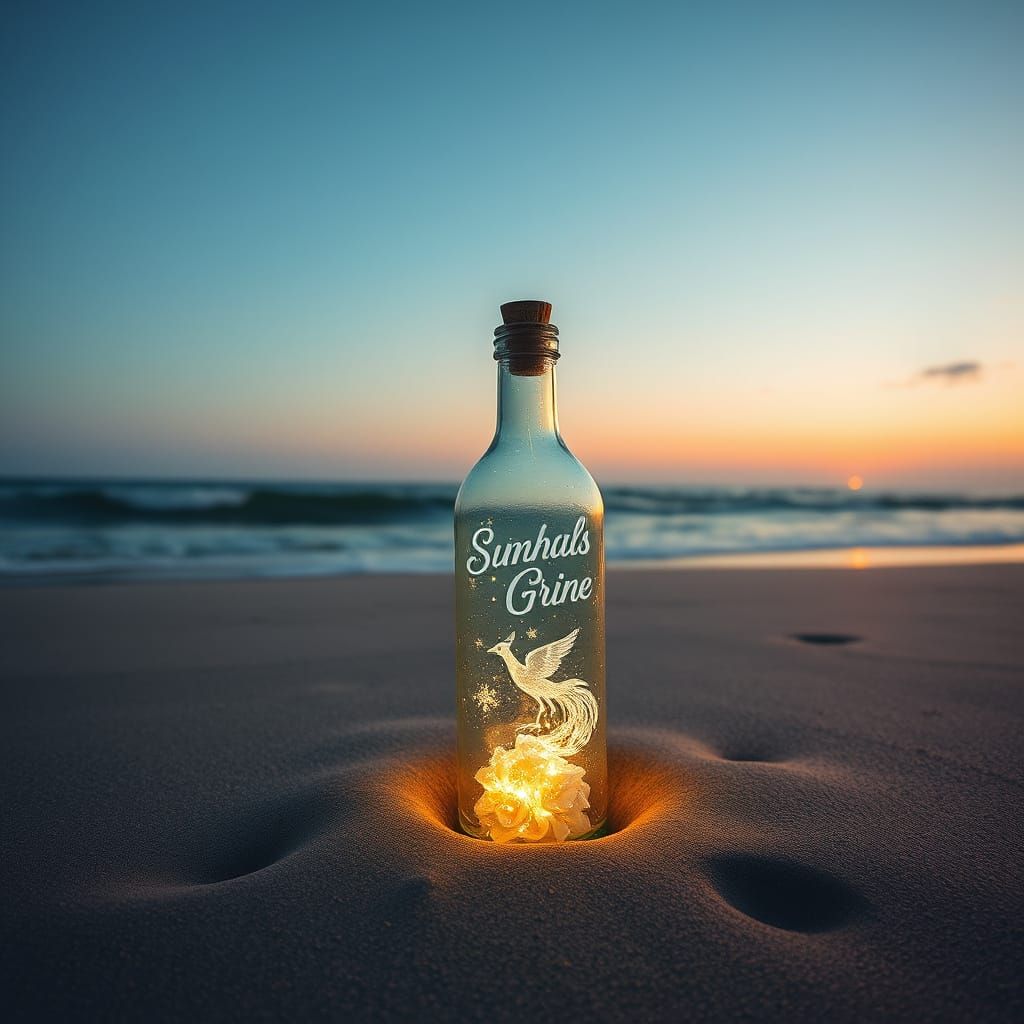 Magical Glass Bottle and Woman's Spirit on Beach