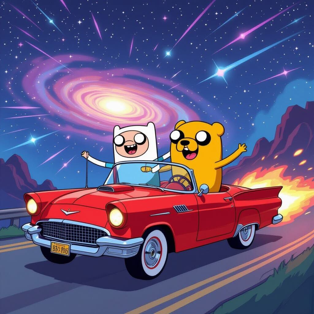Finn and Jake Ride Red Convertible Through Space Nebula