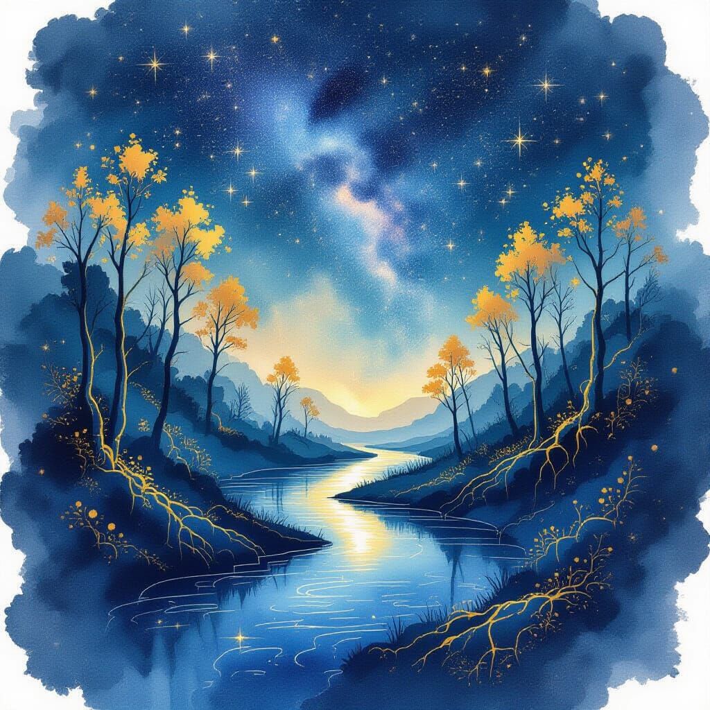 Ethereal River Flows into Galaxy in Watercolor Style