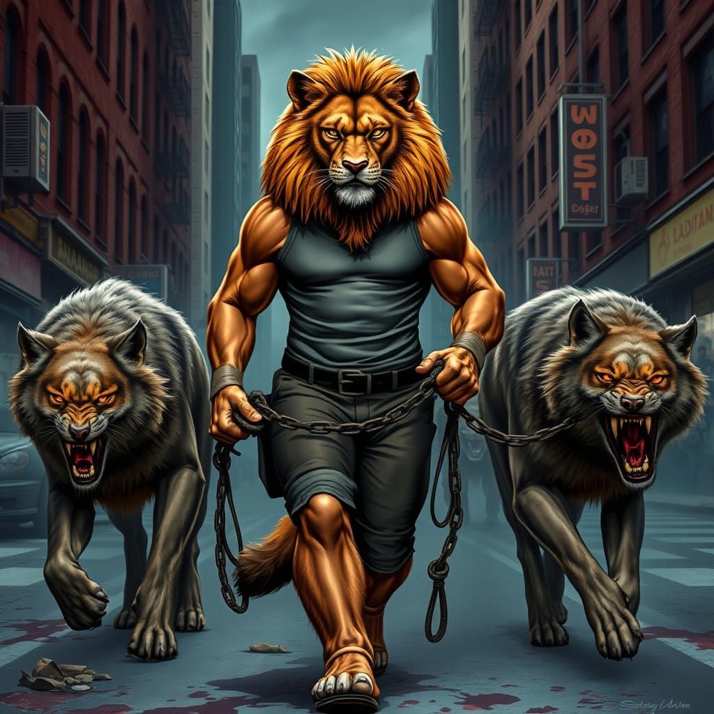 Powerful Lion-Man Dominates Dark Urban Landscape